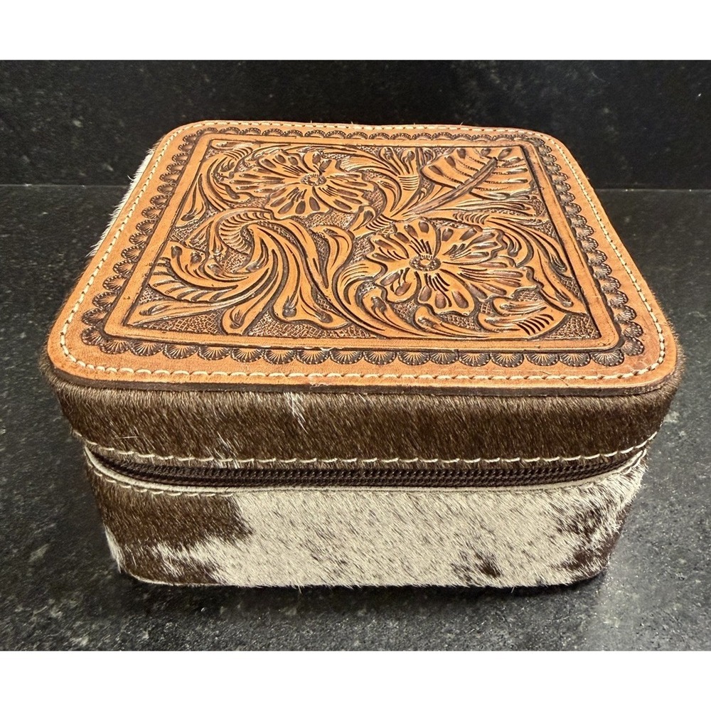 Boho Ranch Shop Brown Cowhide Tooled Leather Jewelry Box Travel Case 6x6x3"
